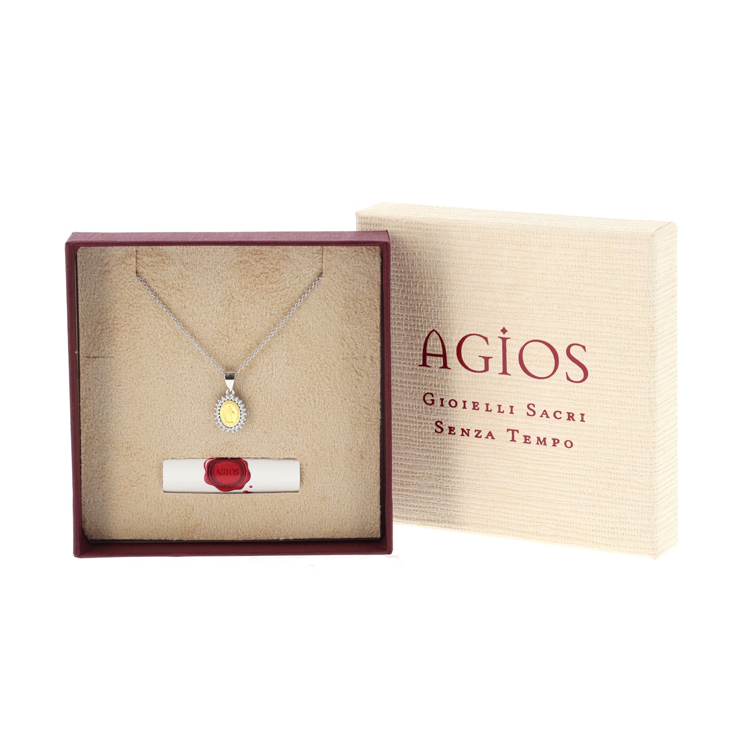 Collana Madonnas, pendente Miracolosa dorata e zirconi bianchi, argento 925