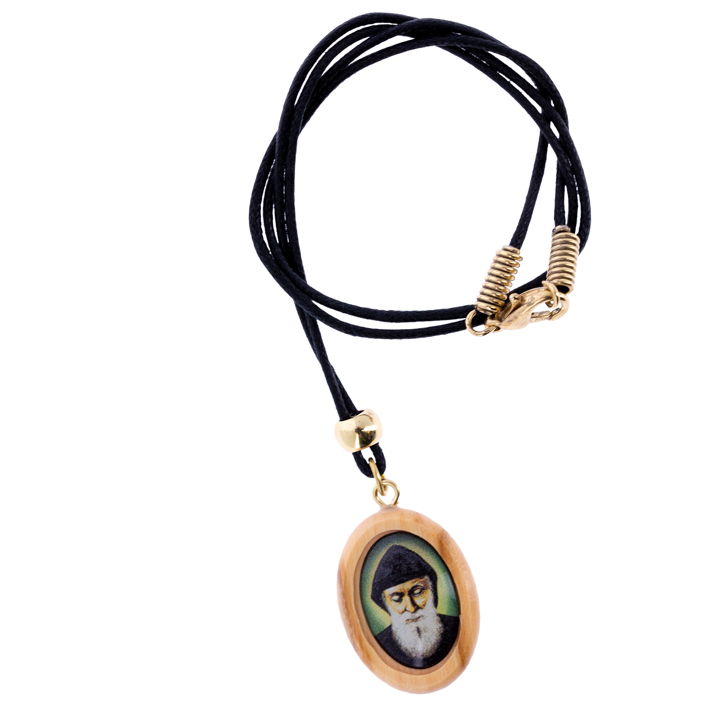 Ciondolo San Charbel in legno con cordino. Collana devozionale