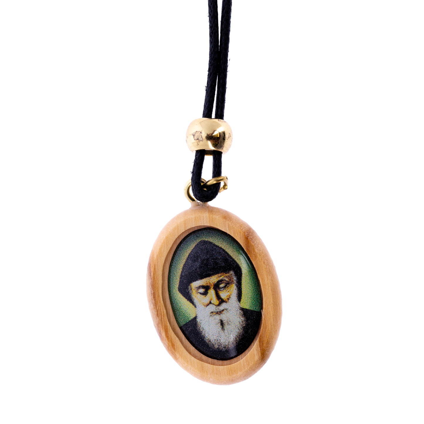 Ciondolo San Charbel in legno con cordino. Collana devozionale