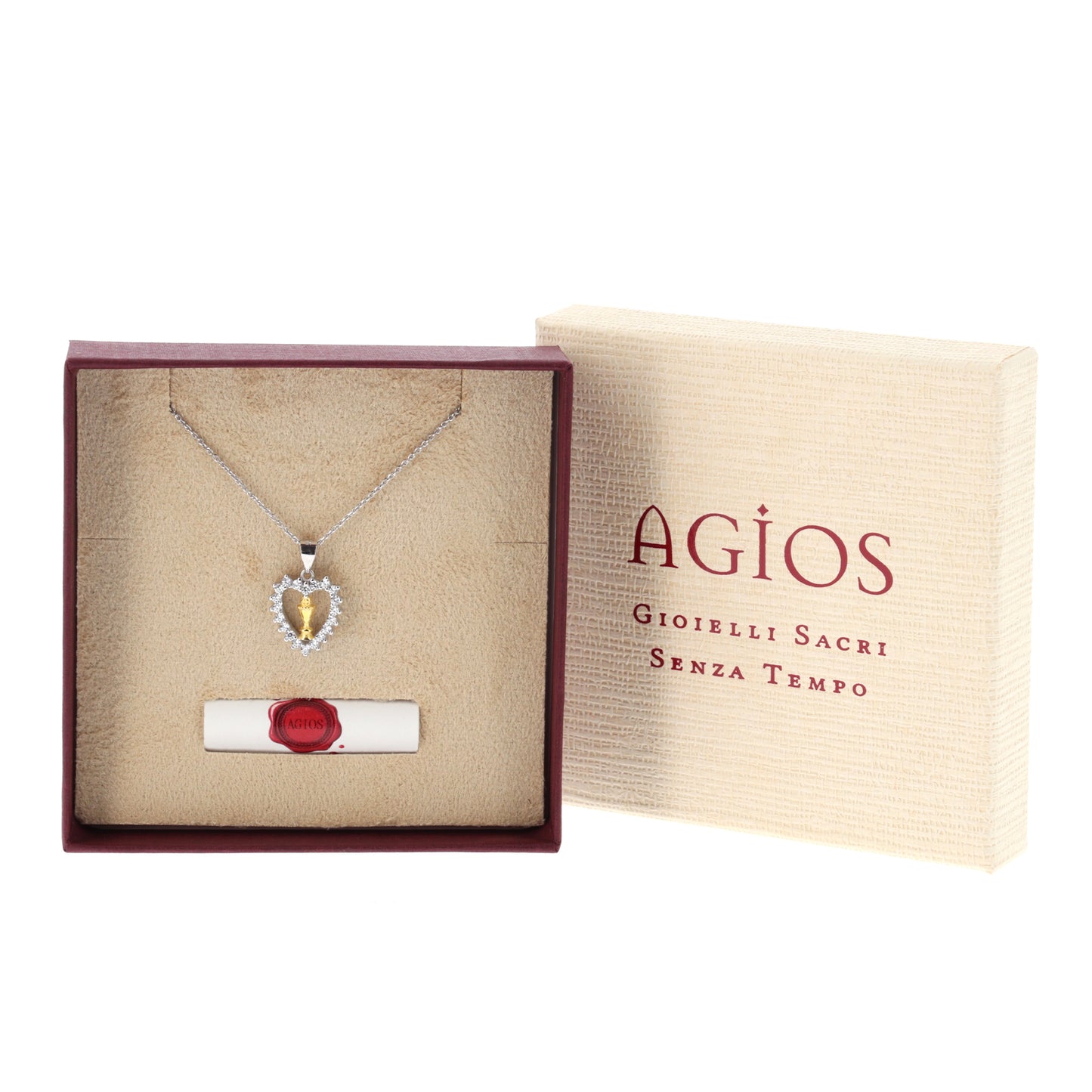 Collana Communio, Cuore con Calice e zirconi bianchi,  argento 925
