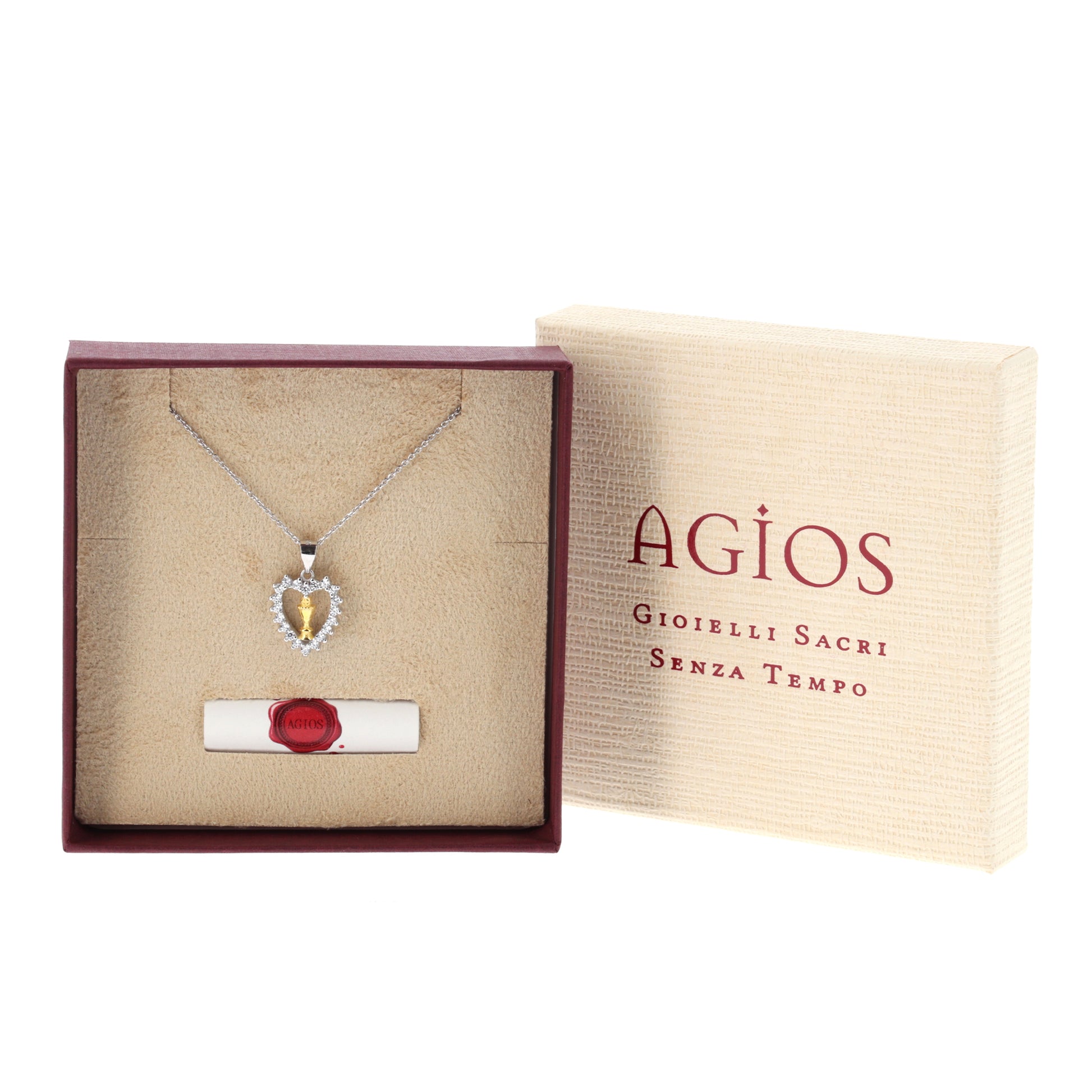 Collana Communio, Cuore con Calice e zirconi bianchi,  argento 925