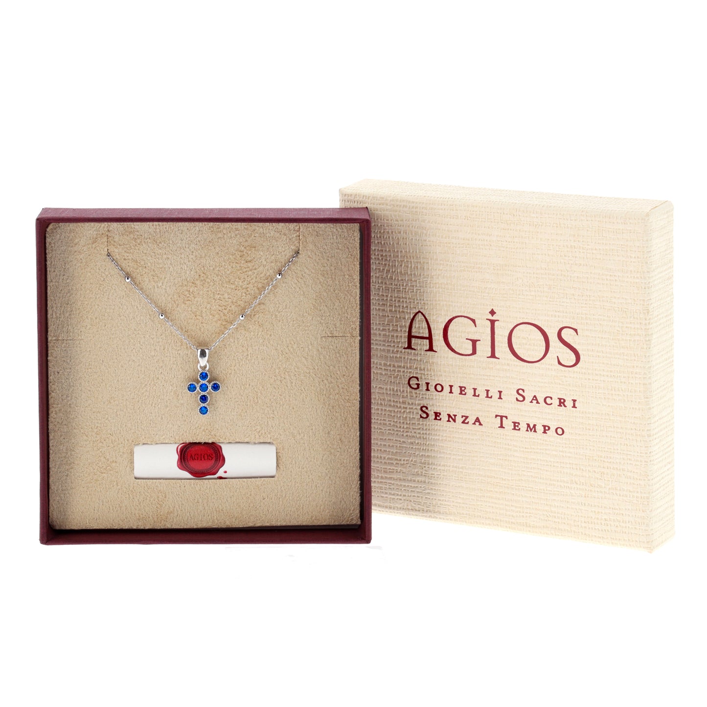 Collana Lumae Patronus, croce con zirconi blu, argento 925
