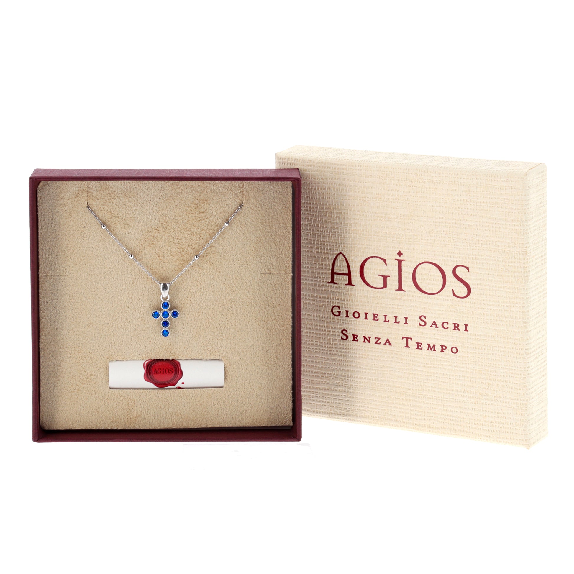 Collana Lumae Patronus, croce con zirconi blu, argento 925
