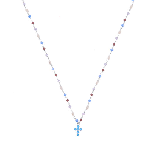 Collana Lumae Patronus, con pietre e croce con zirconi celesti, argento 925