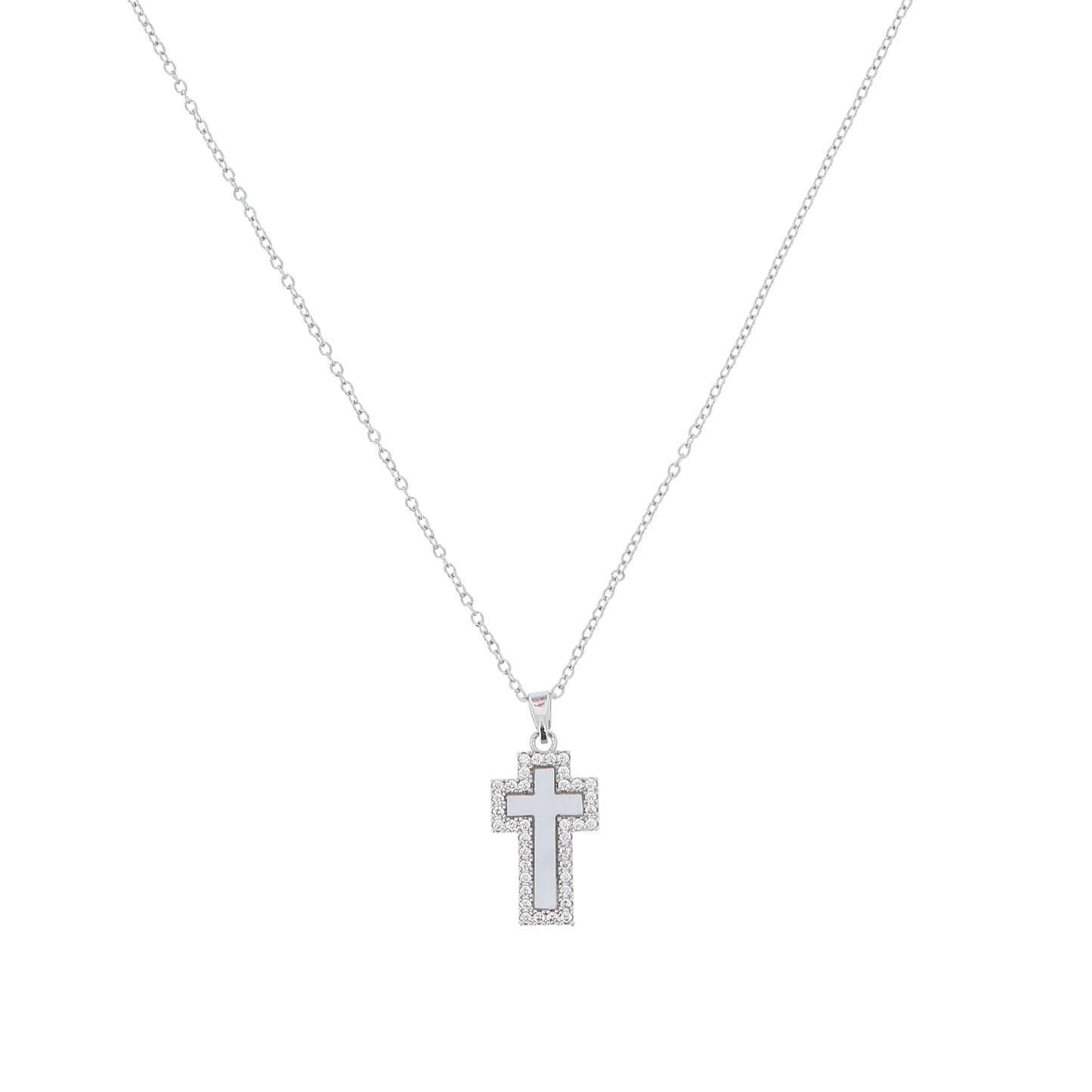Collana in acciao con ciondolo croce e inserto in madreperla, con strass.