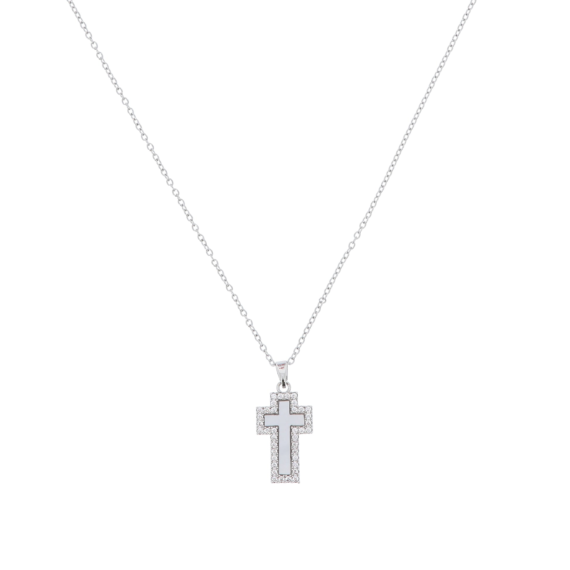 Collana in acciao con ciondolo croce e inserto in madreperla, con strass.