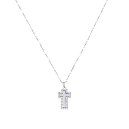 Collana in acciao con ciondolo croce e inserto in madreperla, con strass.