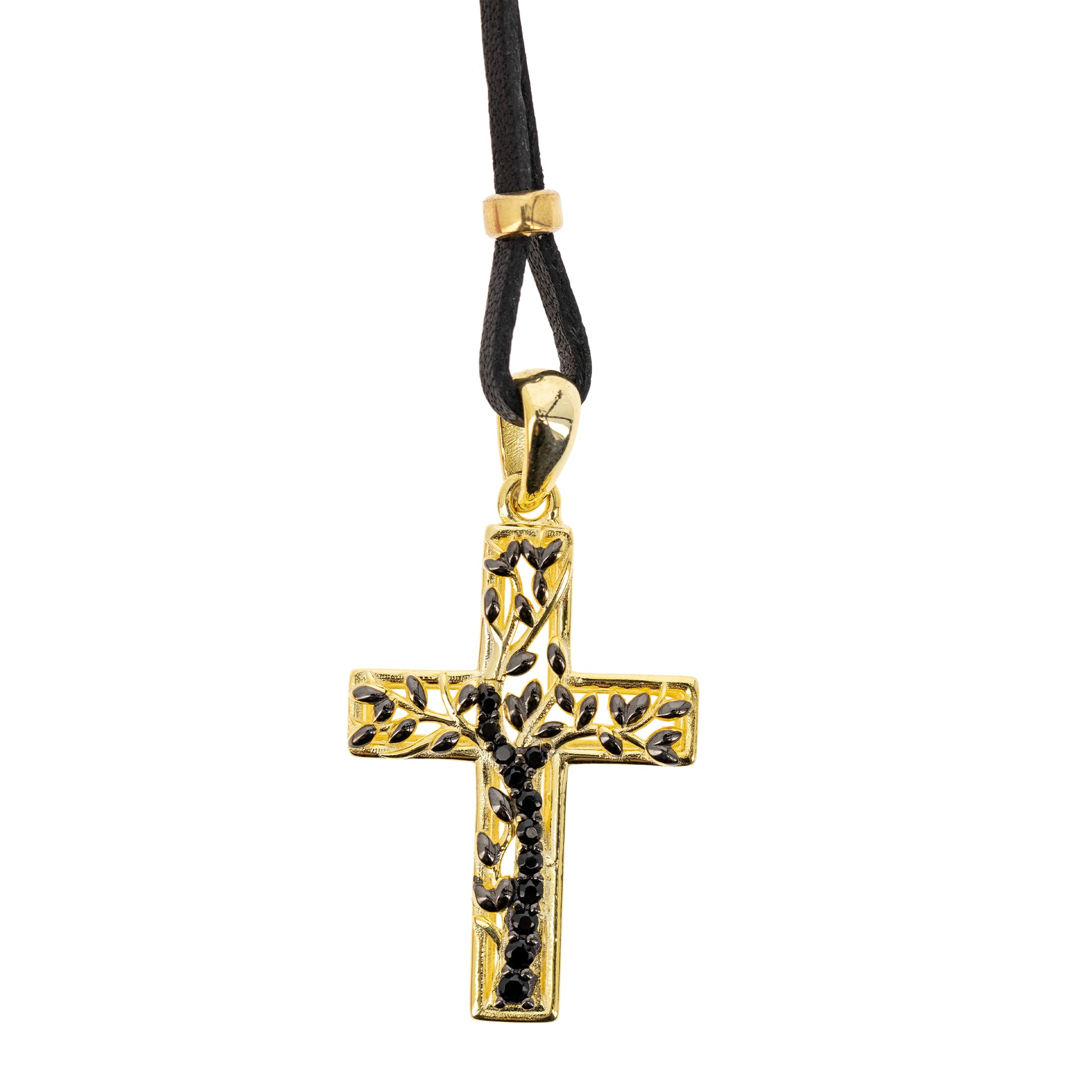 Collana Crucis Patronus Albero della Vita, pendente croce con zirconi neri, argento 925 dorato