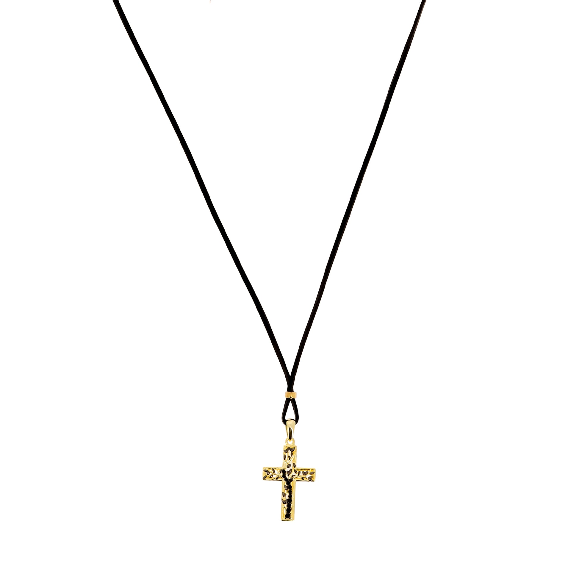 Collana Crucis Patronus Albero della Vita, pendente croce con zirconi neri, argento 925 dorato