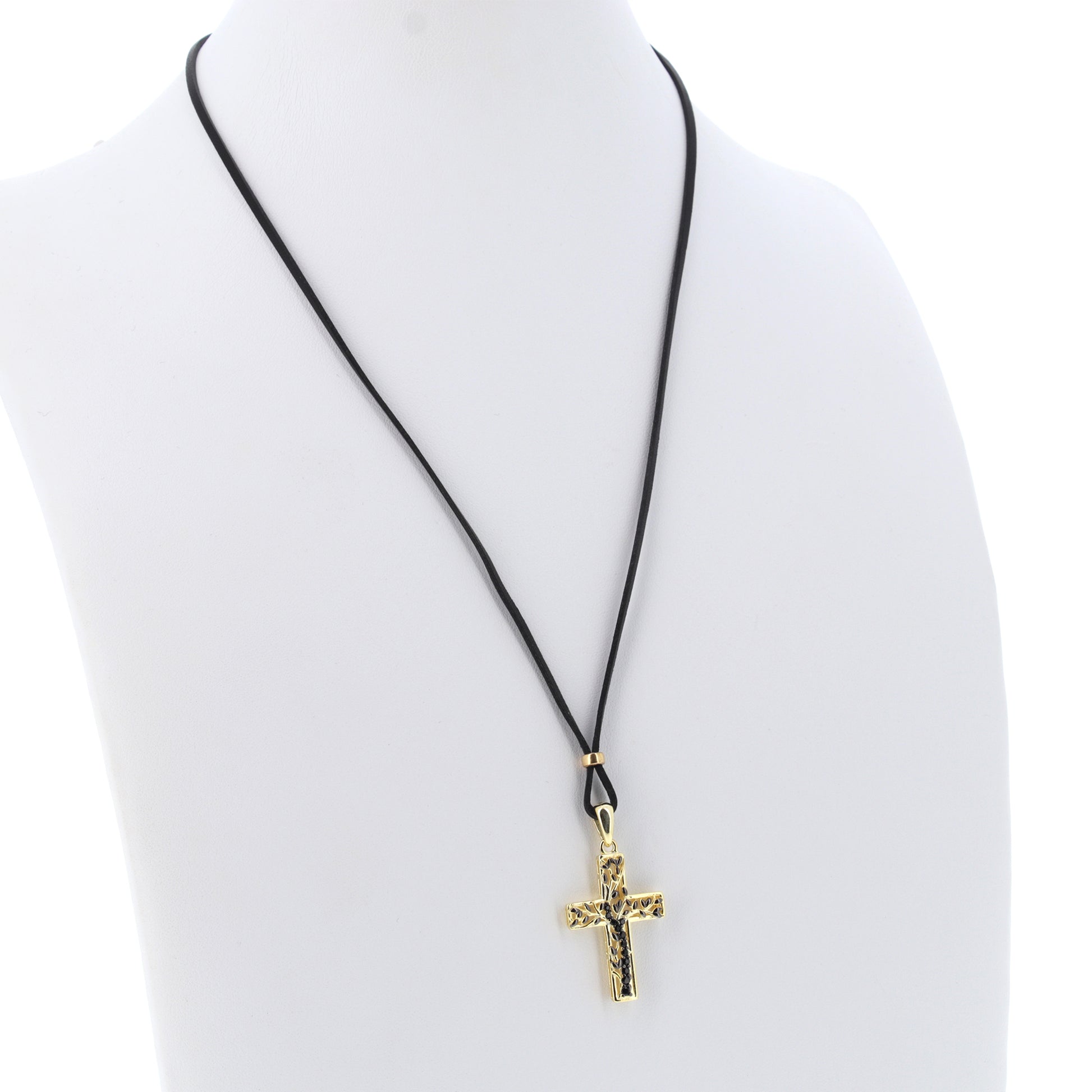 Collana Crucis Patronus Albero della Vita, pendente croce con zirconi neri, argento 925 dorato