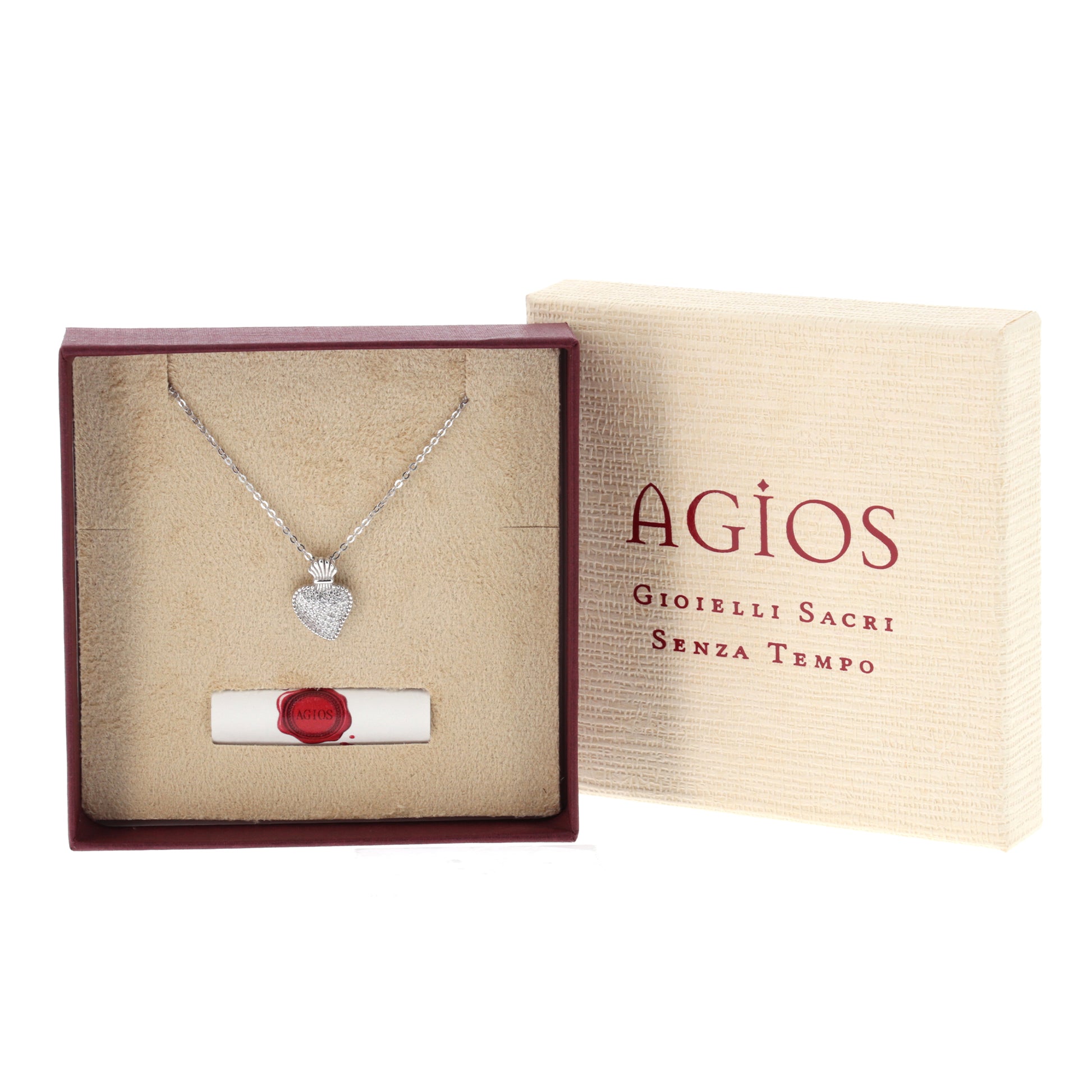 Collana Sacrum Cor, Cuore Votivo con zirconi bianchi, argento 925
