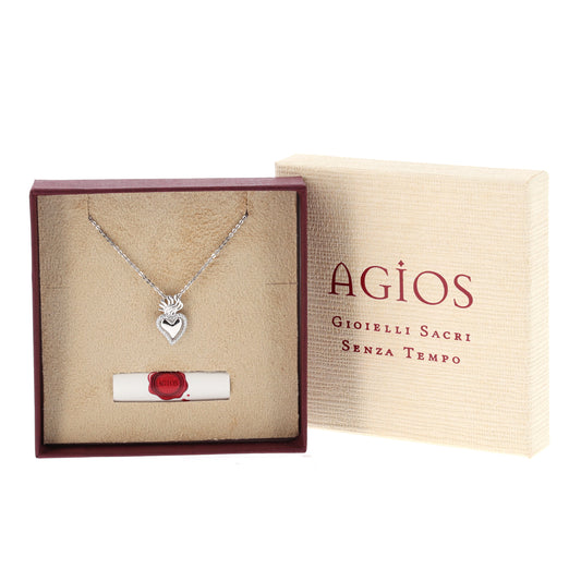 Collana Sacrum Cor, Cuore Votivo con zirconi bianchi, argento 925