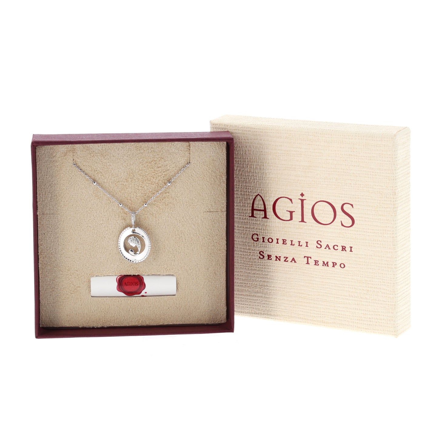 Collana Nativitas, pendente Madonna con Bambino con zirconi, argento 925