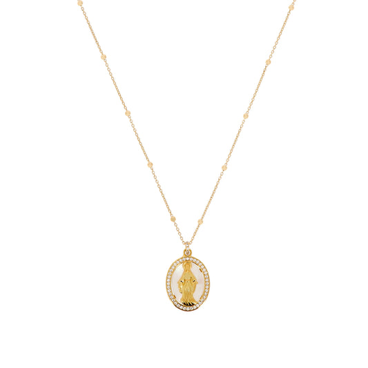 Collana Madonnas, pendente con Medaglia Miracolosa in madreperla e zirconi bianchi, argento 925