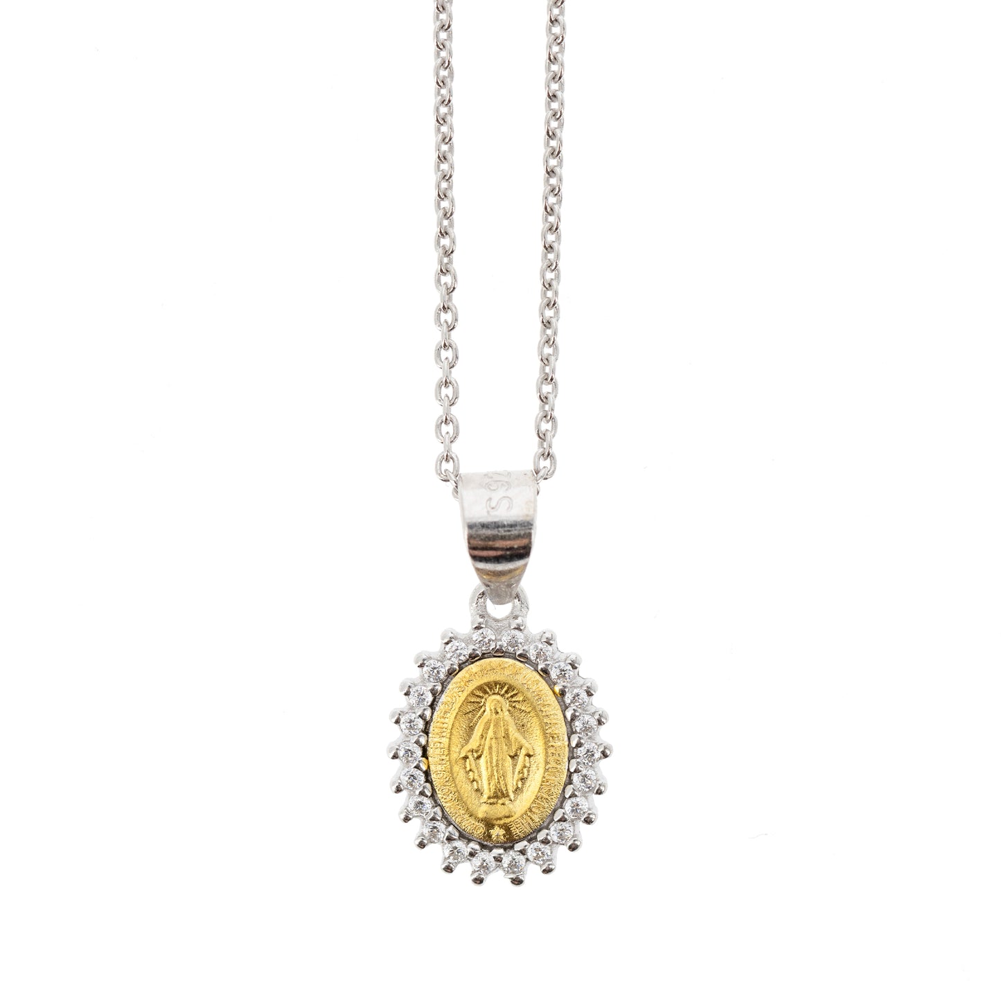Collana Madonnas, pendente Miracolosa dorata e zirconi bianchi, argento 925
