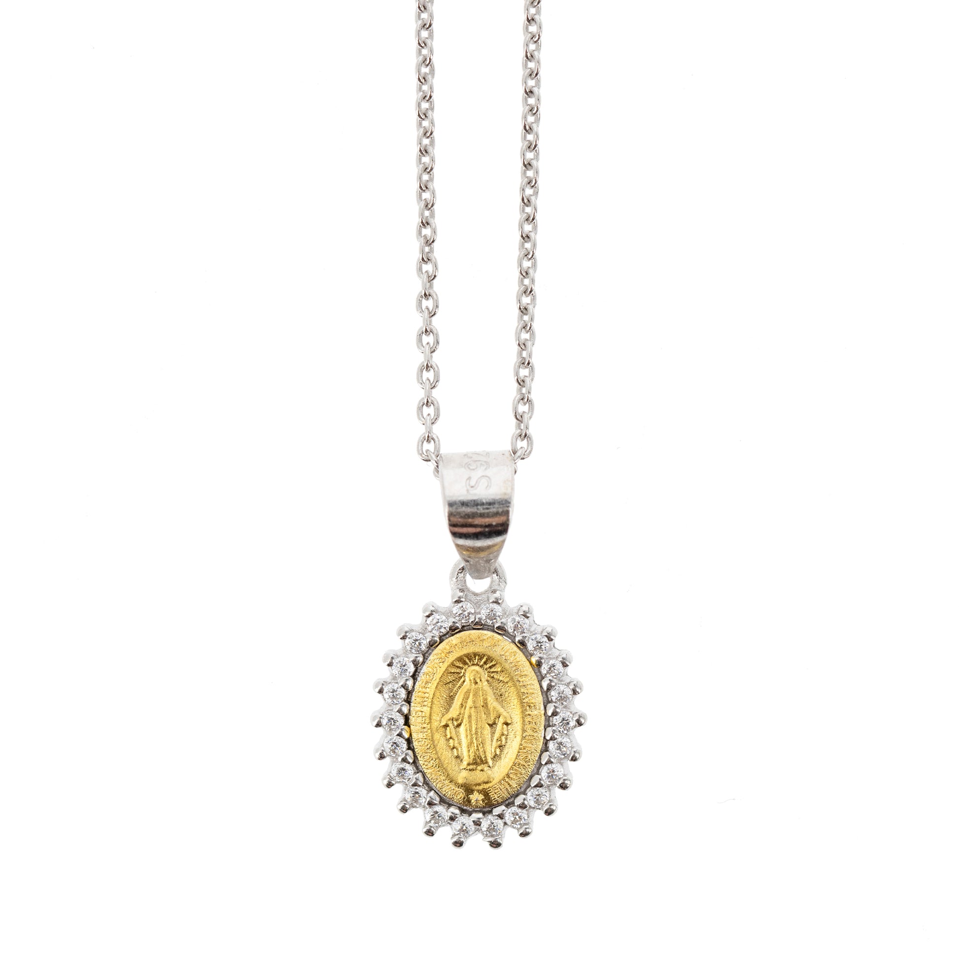 Collana Madonnas, pendente Miracolosa dorata e zirconi bianchi, argento 925