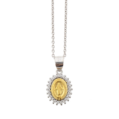 Collana Madonnas, pendente Miracolosa dorata e zirconi bianchi, argento 925