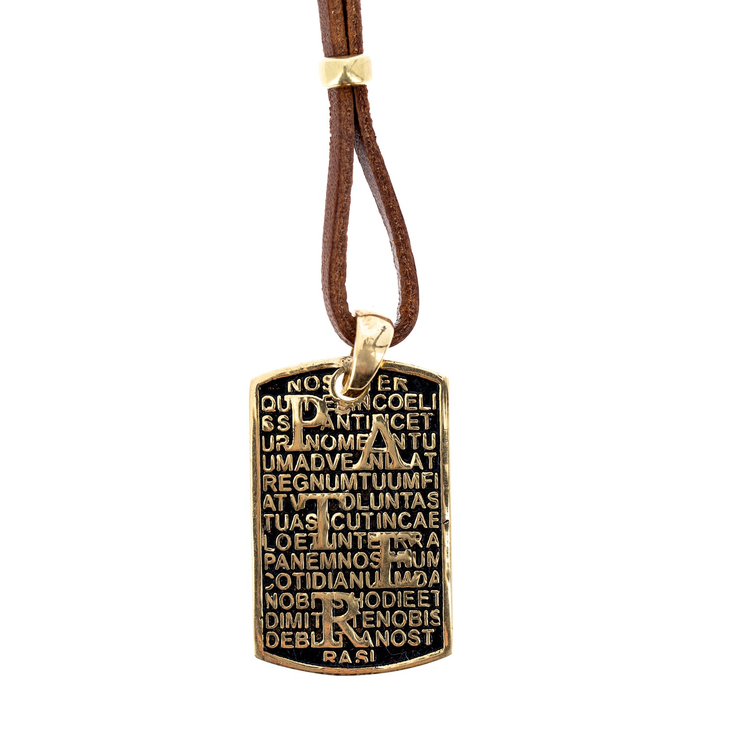 Collana Pater in pelle marrone, con pendente in argento dorato e preghiera Padre Nostro