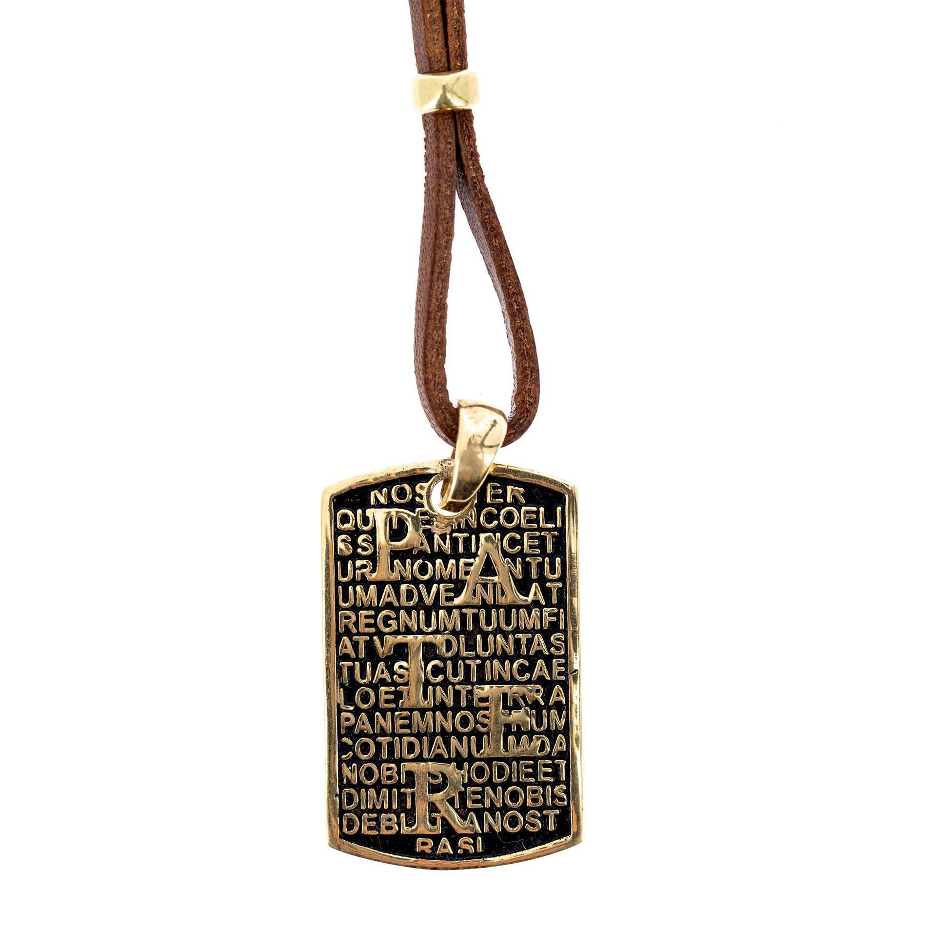 Collana Pater in pelle marrone, con pendente in argento dorato e preghiera Padre Nostro
