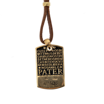 Collana Pater in pelle marrone, con pendente in argento dorato e preghiera Padre Nostro