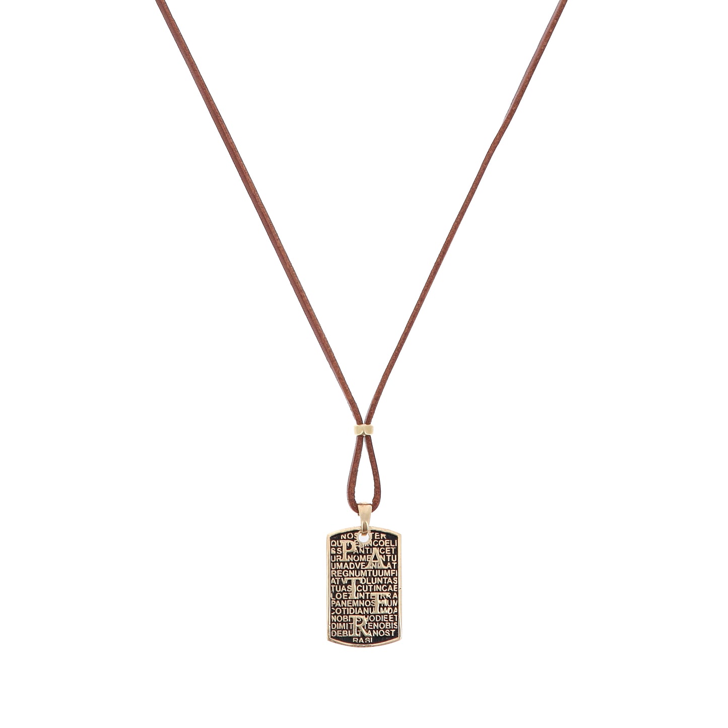 Collana Pater in pelle marrone, con pendente in argento dorato e preghiera Padre Nostro