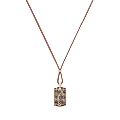 Collana Pater in pelle marrone, con pendente in argento dorato e preghiera Padre Nostro