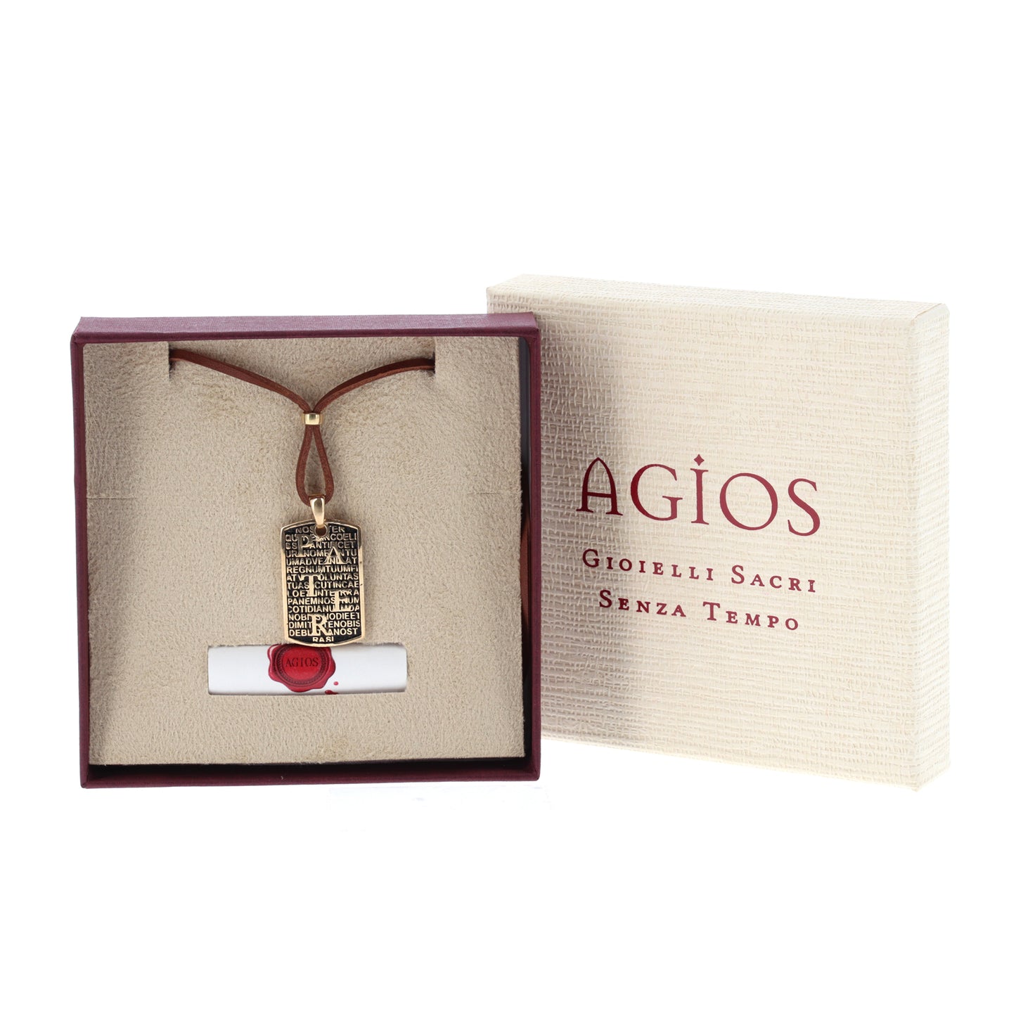 Collana Pater in pelle marrone, con pendente in argento dorato e preghiera Padre Nostro