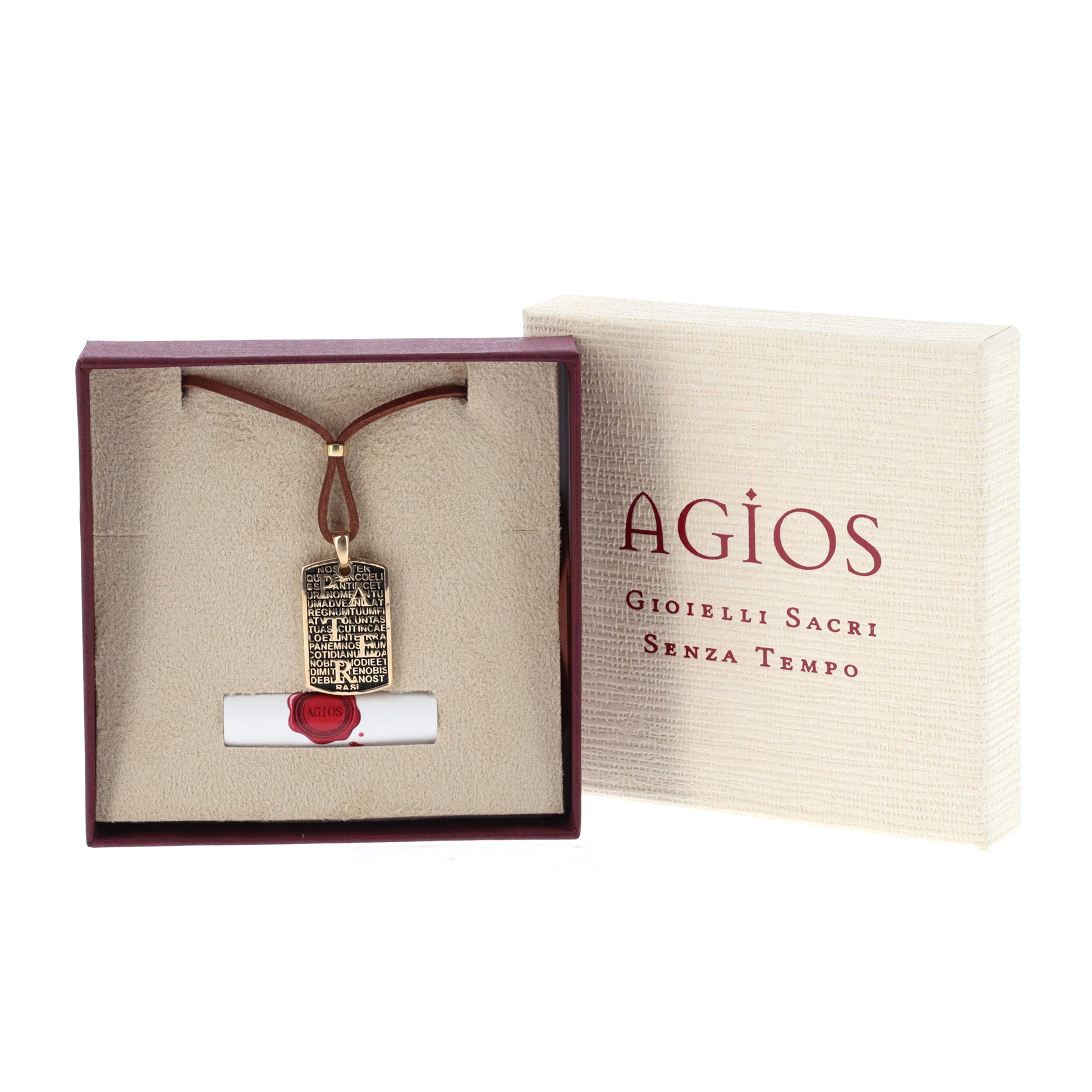 Collana Pater in pelle marrone, con pendente in argento dorato e preghiera Padre Nostro