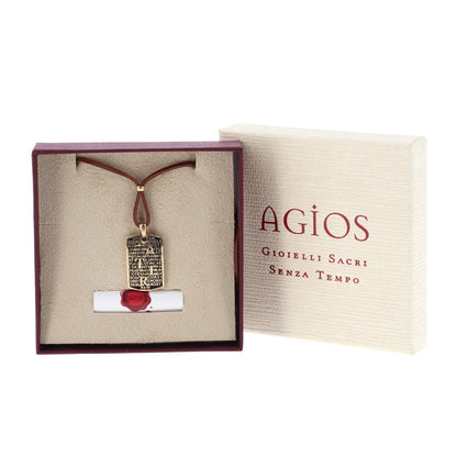 Collana Pater in pelle marrone, con pendente in argento dorato e preghiera Padre Nostro
