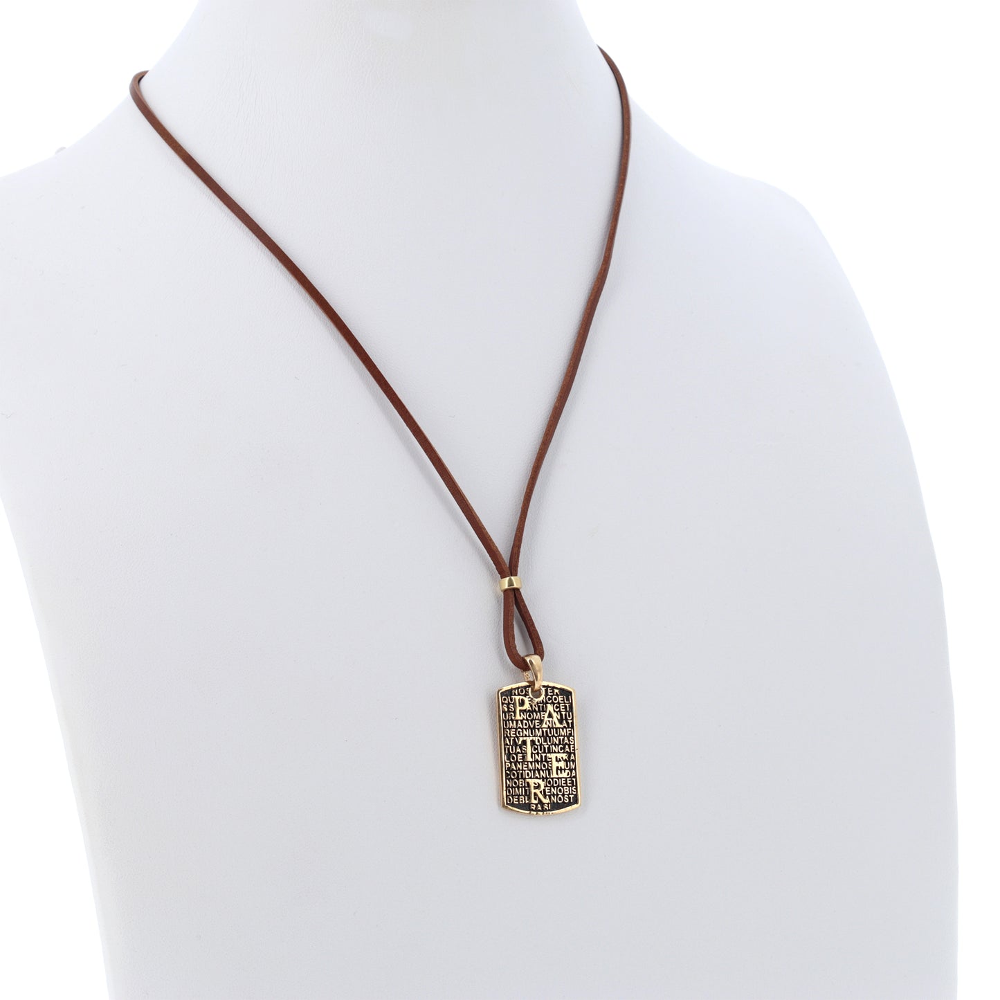 Collana Pater in pelle marrone, con pendente in argento dorato e preghiera Padre Nostro