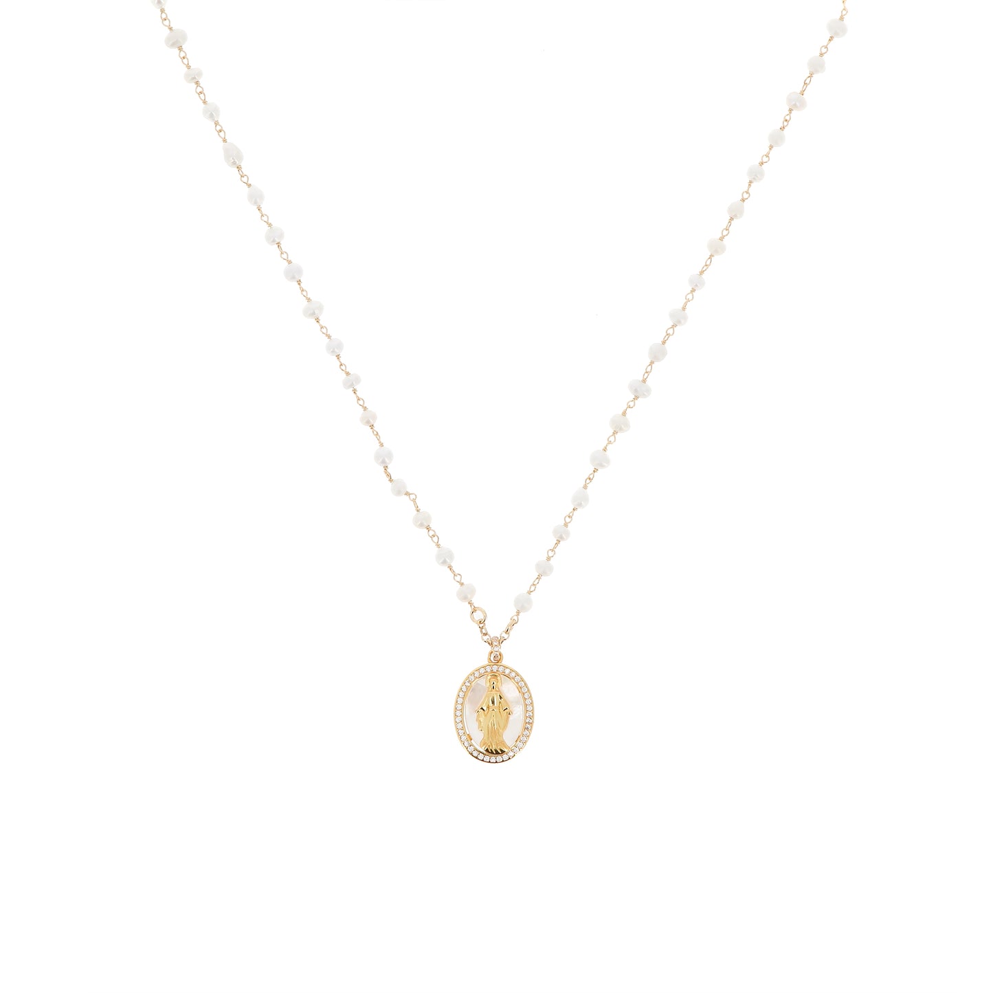 Collana Madonnas con perle, pendente Miracolosa in madreperla e zirconi bianchi, argento 925