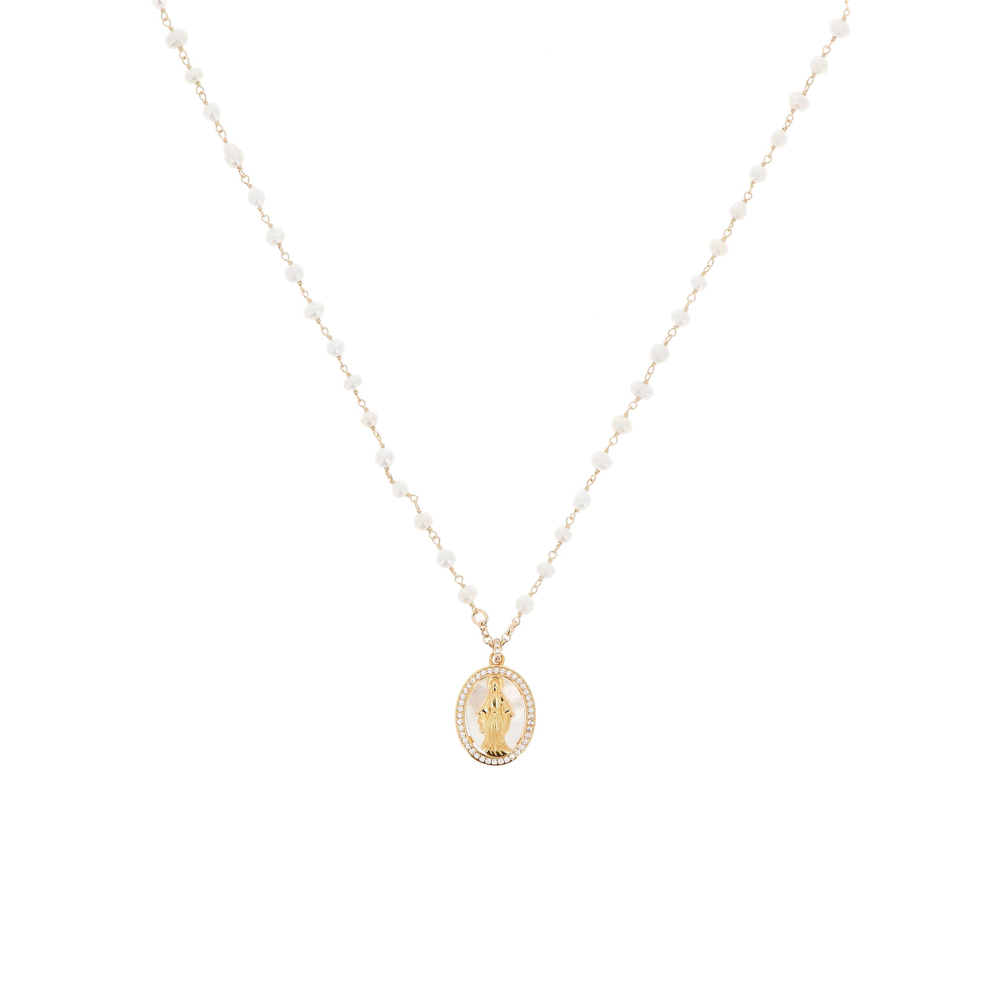 Collana Madonnas con perle, pendente Miracolosa in madreperla e zirconi bianchi, argento 925