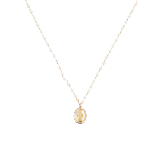 Collana Madonnas con perle, pendente Miracolosa in madreperla e zirconi bianchi, argento 925