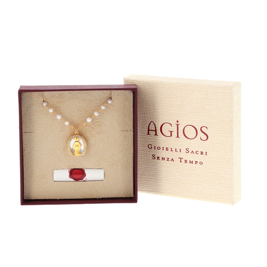 Collana Madonnas con perle, pendente Miracolosa in madreperla e zirconi bianchi, argento 925