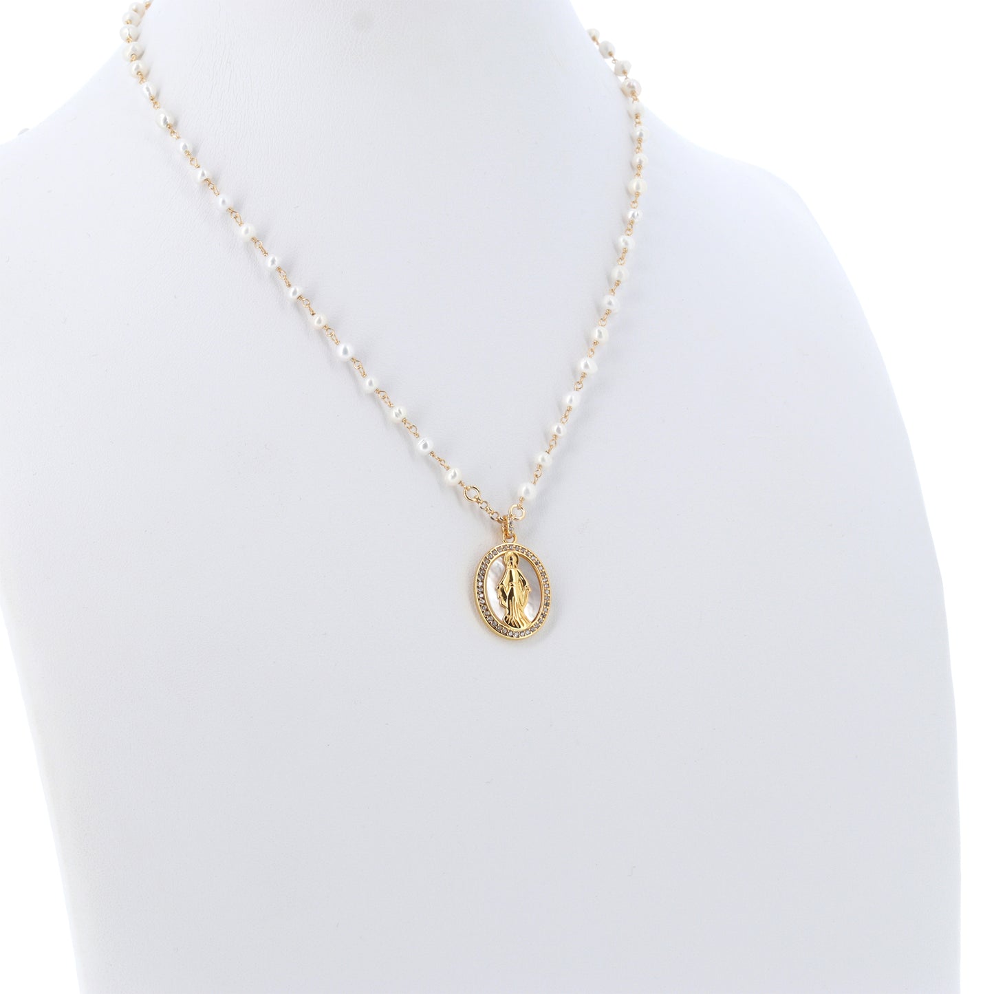 Collana Madonnas con perle, pendente Miracolosa in madreperla e zirconi bianchi, argento 925