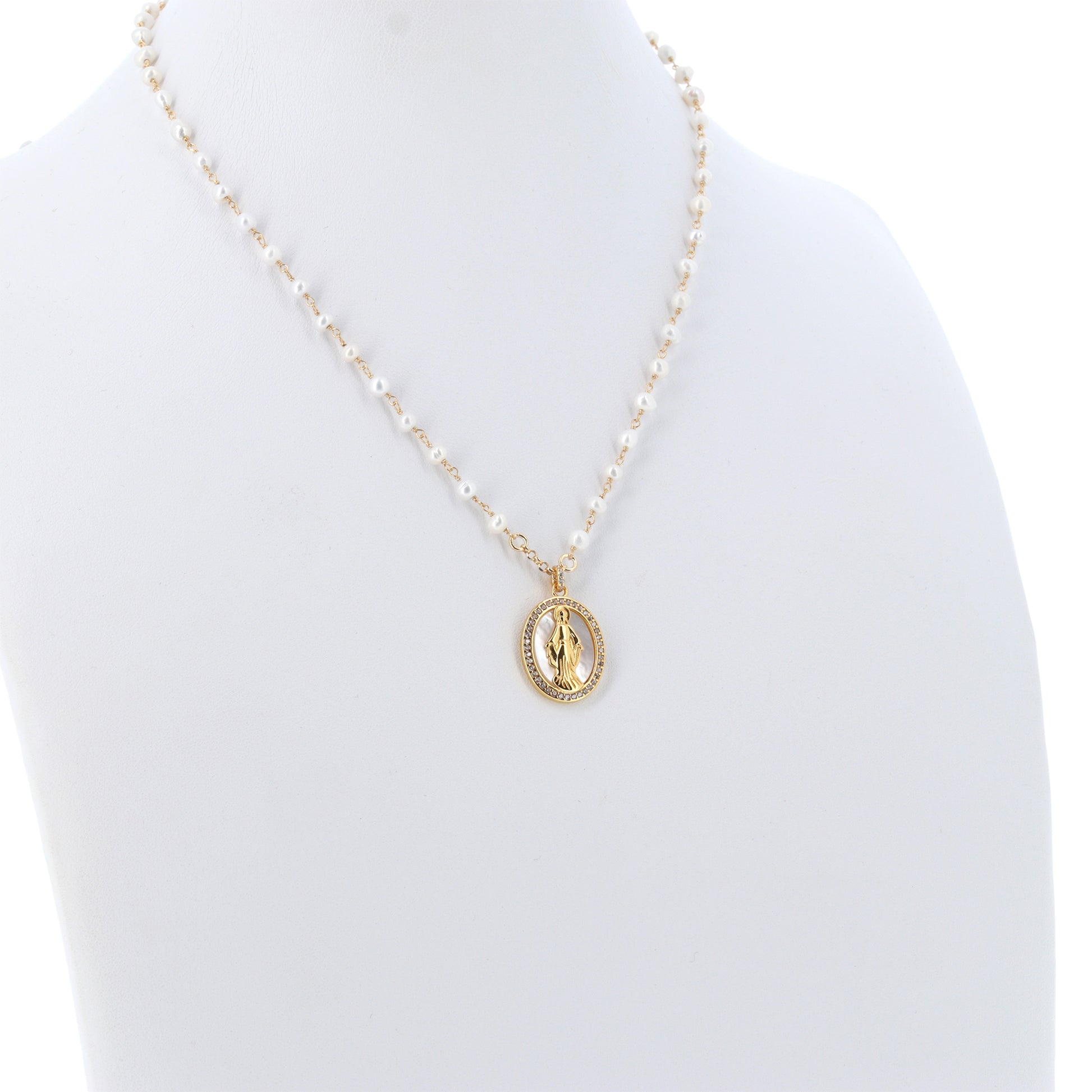 Collana Madonnas con perle, pendente Miracolosa in madreperla e zirconi bianchi, argento 925