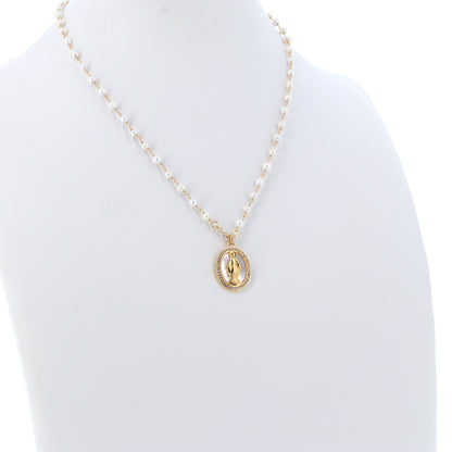 Collana Madonnas con perle, pendente Miracolosa in madreperla e zirconi bianchi, argento 925