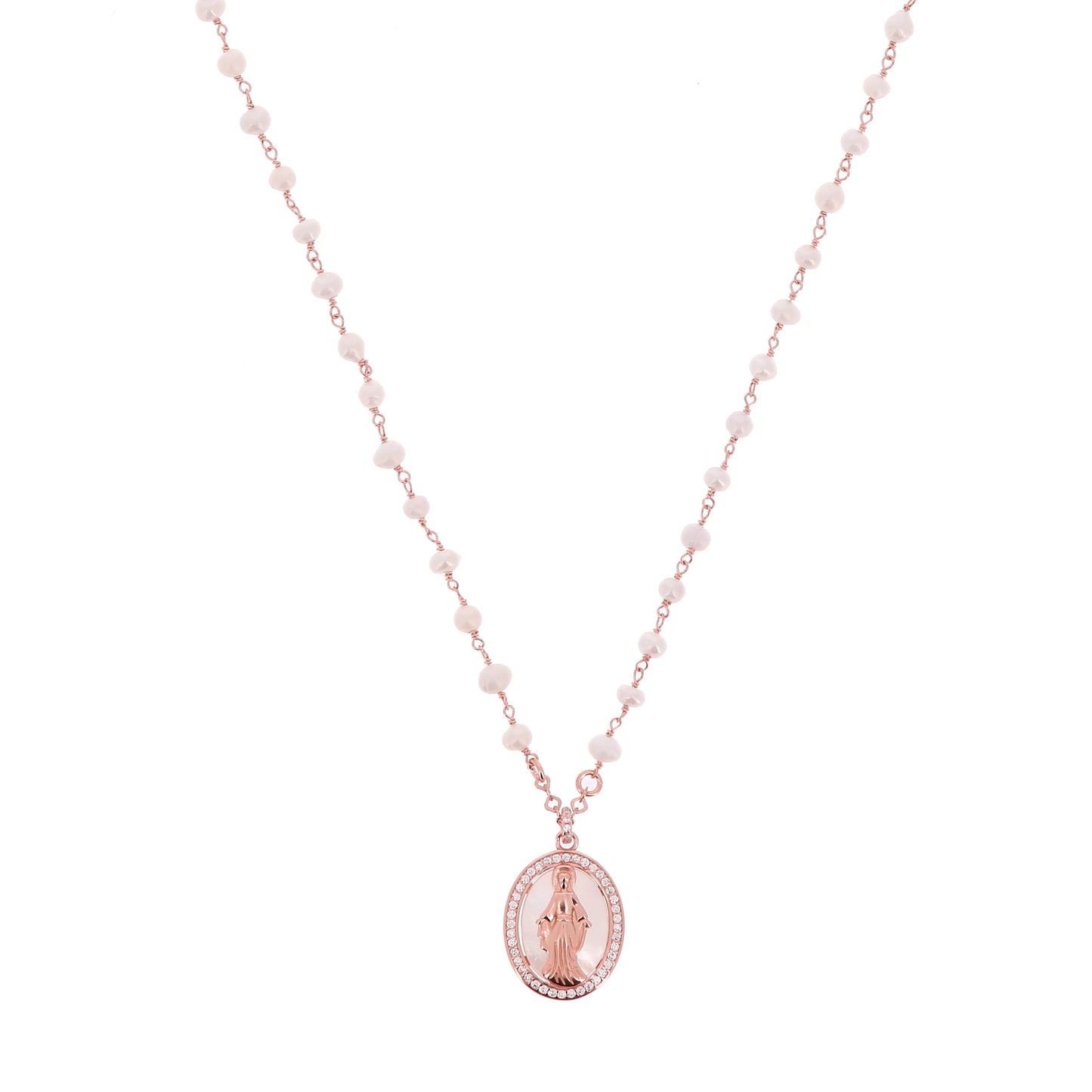 Collana Madonnas con perle, pendente Miracolosa in madreperla e zirconi bianchi, argento 925