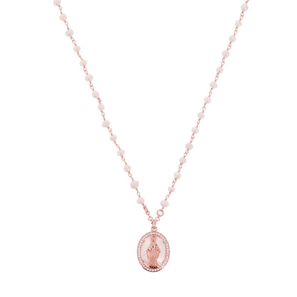 Collana Madonnas con perle, pendente Miracolosa in madreperla e zirconi bianchi, argento 925