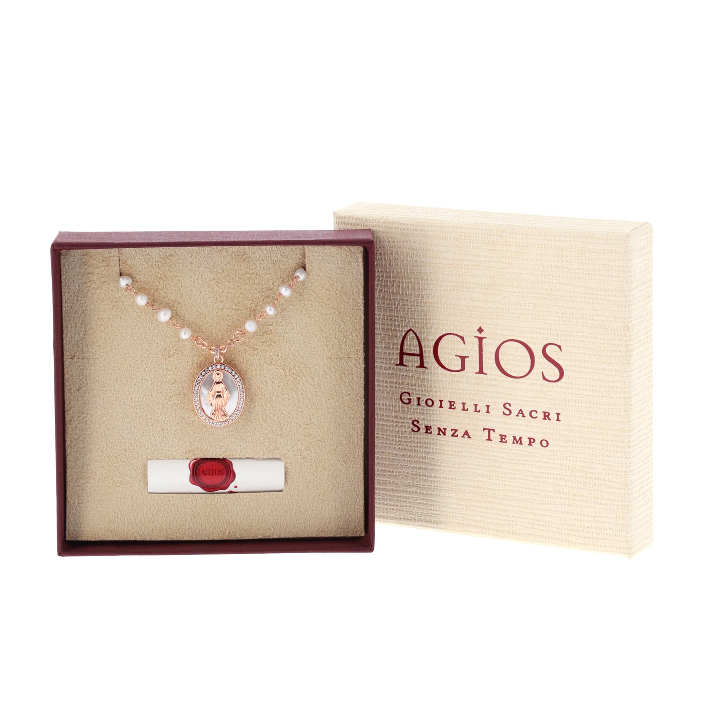 Collana Madonnas con perle, pendente Miracolosa in madreperla e zirconi bianchi, argento 925