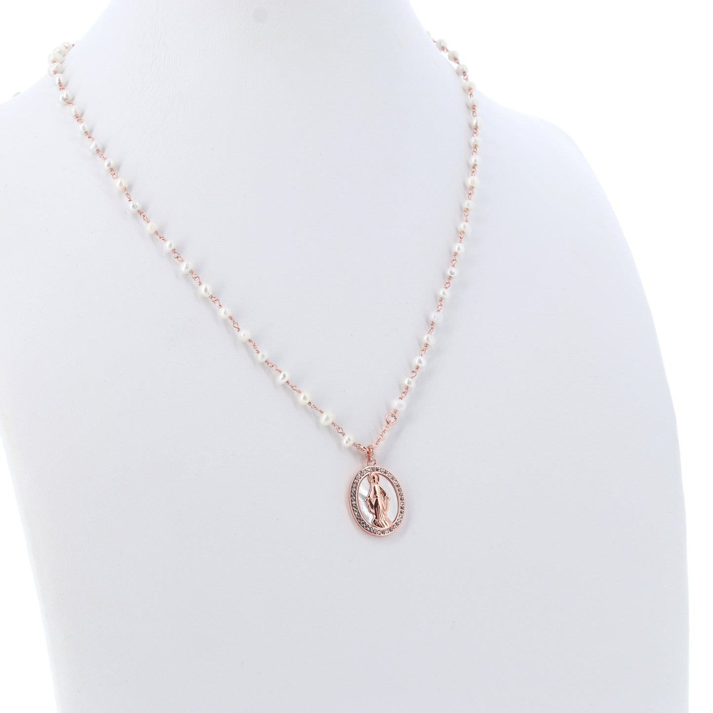 Collana Madonnas con perle, pendente Miracolosa in madreperla e zirconi bianchi, argento 925