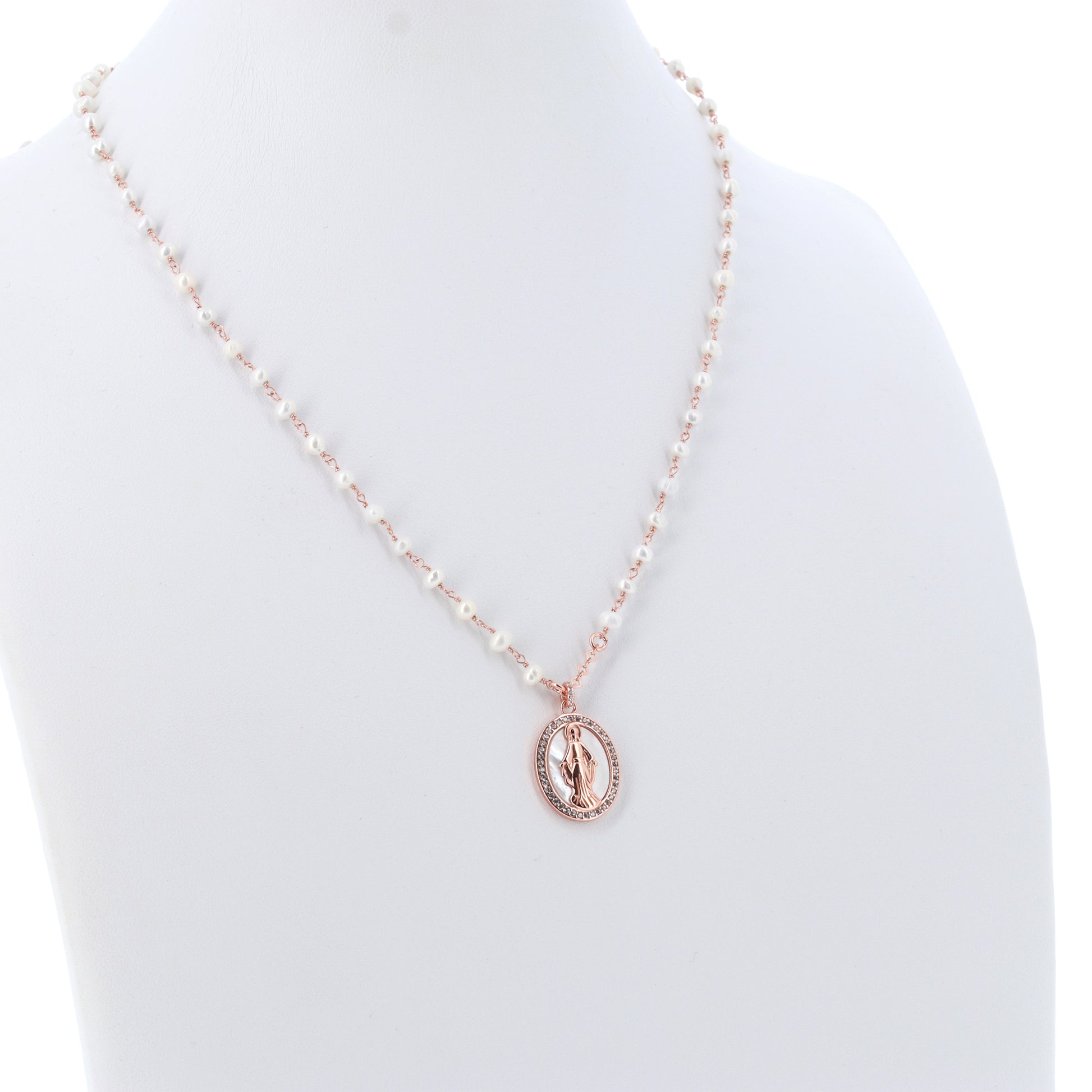 Collana Madonnas con perle, pendente Miracolosa in madreperla e zirconi bianchi, argento 925