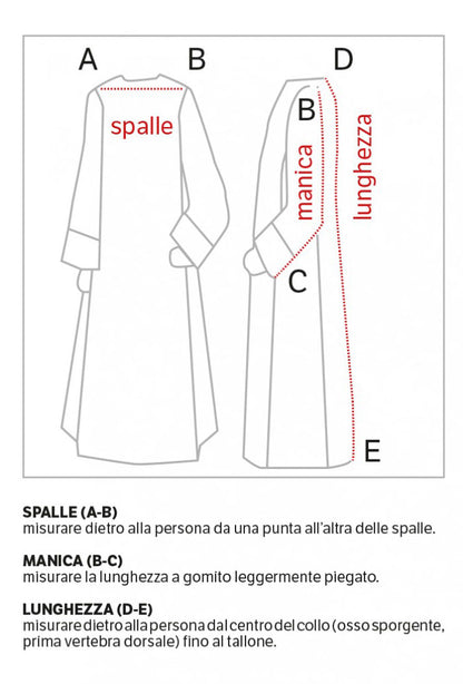 Tunica per Chierichetti con piegoni e bordo rosso a rombi davanti e dietro. Tessuto 100% poliestere
