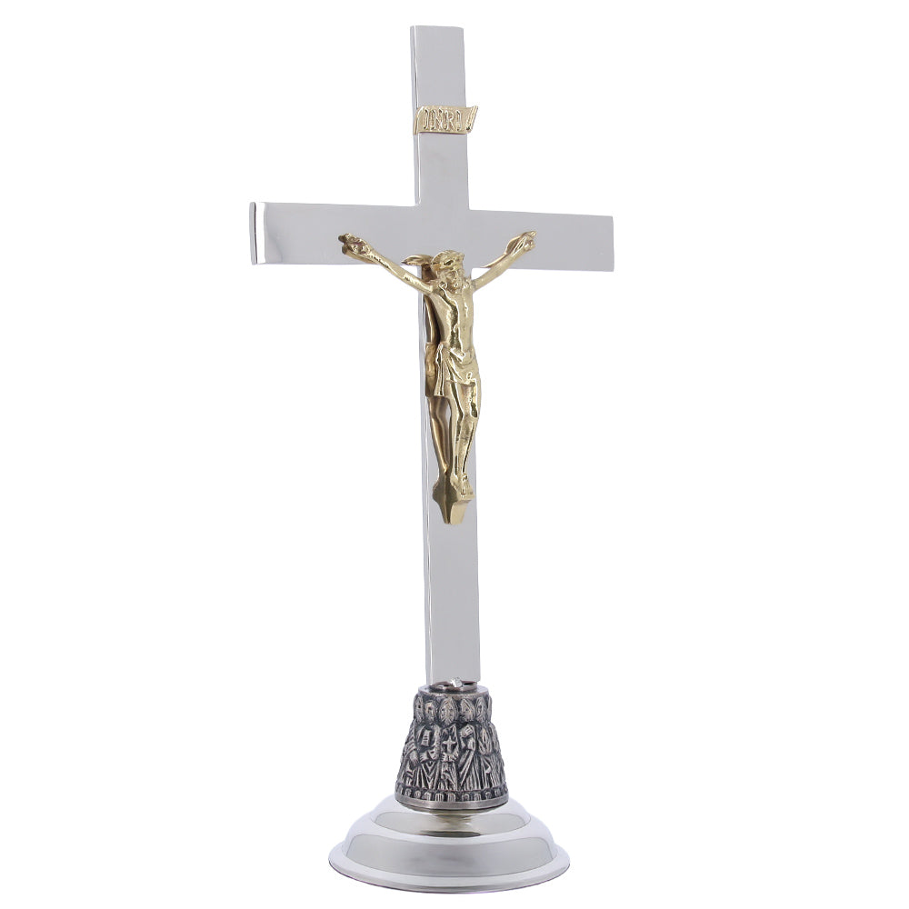 Croce da altare in ottone nichelato con base dei 12 Apostoli – Altezza 46 cm