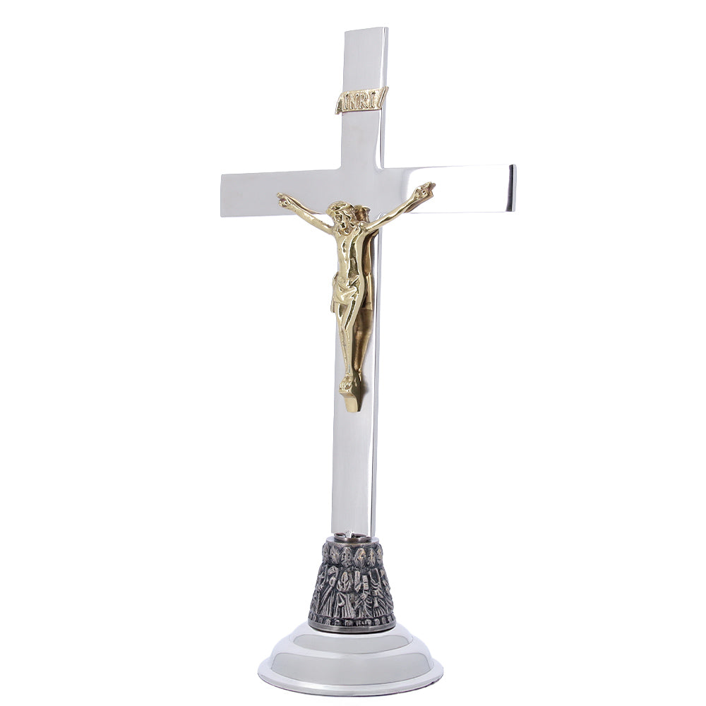 Croce da altare in ottone nichelato con base dei 12 Apostoli – Altezza 46 cm