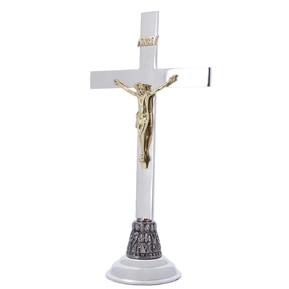 Croce da altare in ottone nichelato con base dei 12 Apostoli – Altezza 46 cm