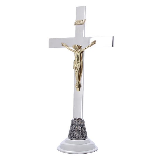 Croce da altare in ottone nichelato con base dei 12 Apostoli – Altezza 46 cm