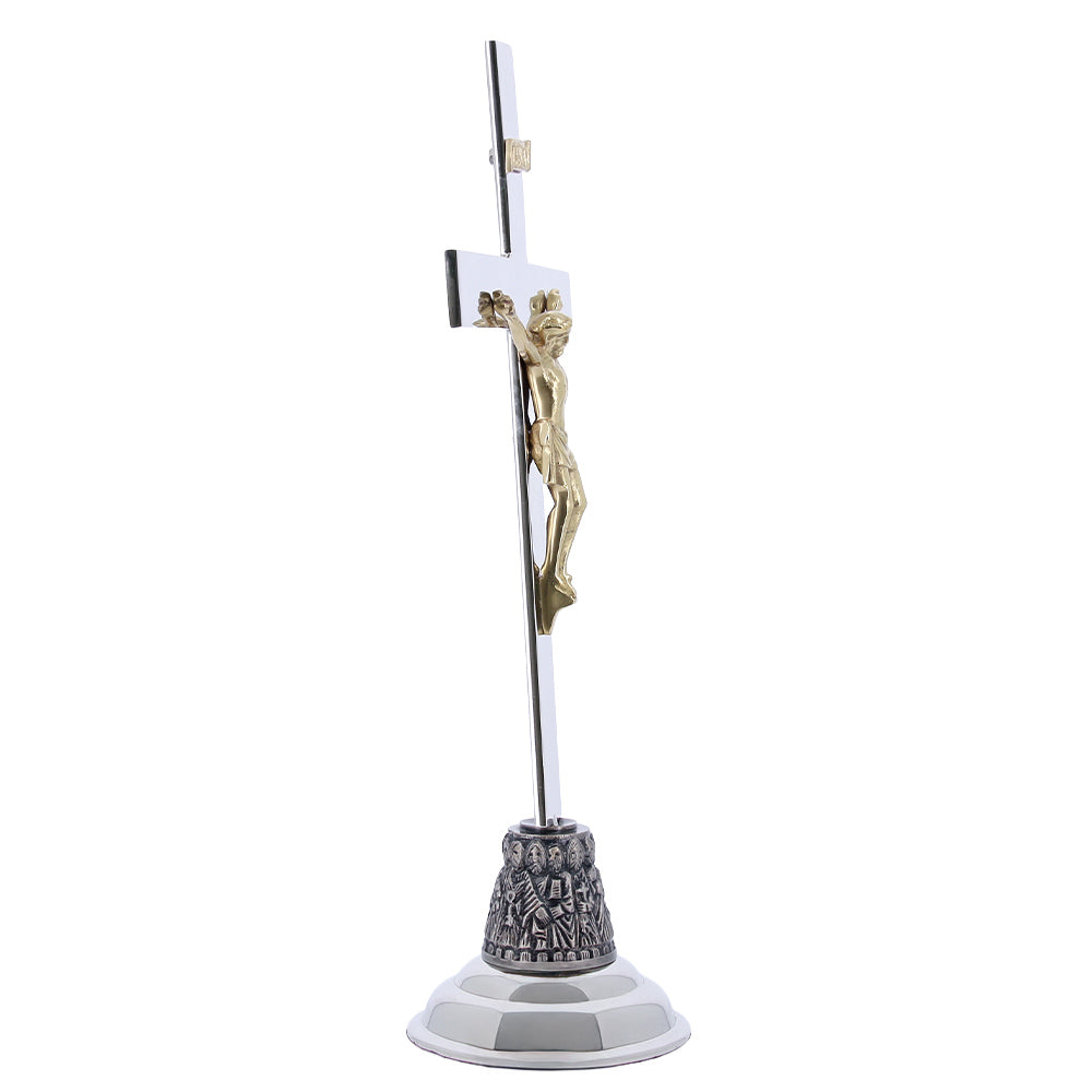 Croce da altare in ottone nichelato con base dei 12 Apostoli – Altezza 46 cm