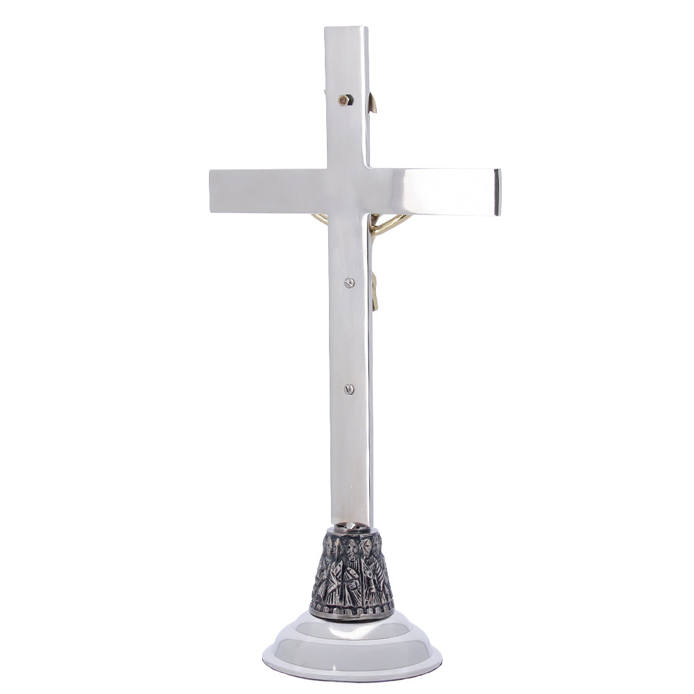 Croce da altare in ottone nichelato con base dei 12 Apostoli – Altezza 46 cm