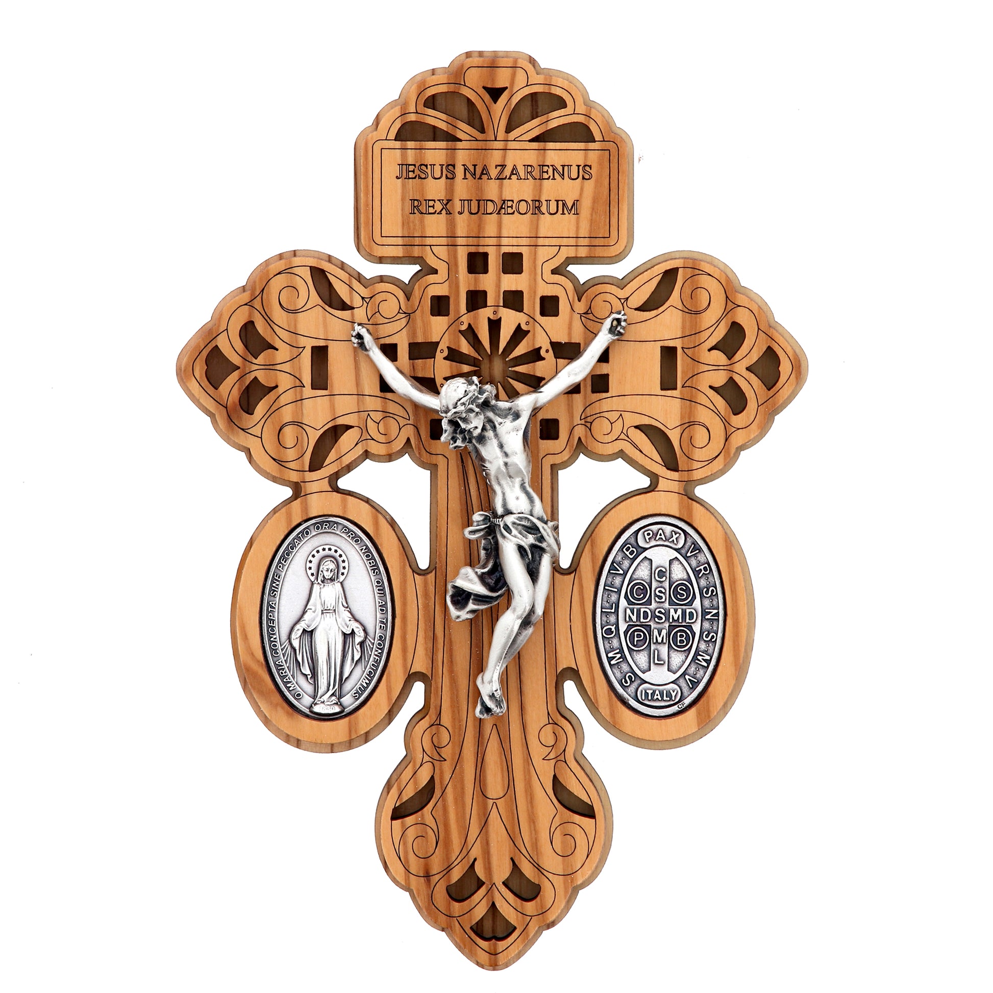 Croce del Perdono in legno, con medaglia Miracolosa e di S.Benedetto in zama. Altezza 18 cm